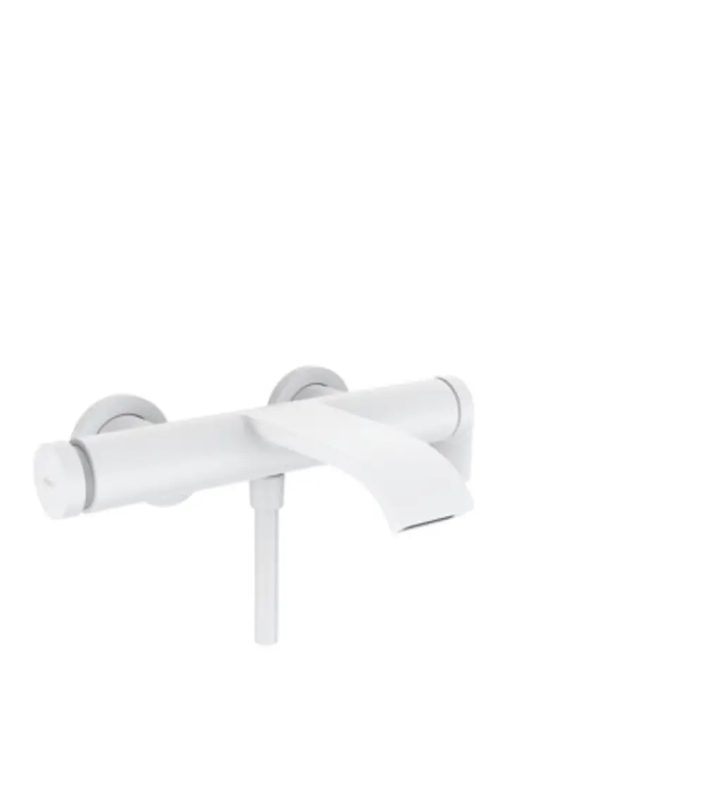 Weißer Aufputz-Wannenmischer von Hansgrohe mit waagerechter Auslaufkante und zwei Bedienknöpfen. Minimalistisches Design, geeignet für moderne Badezimmer.